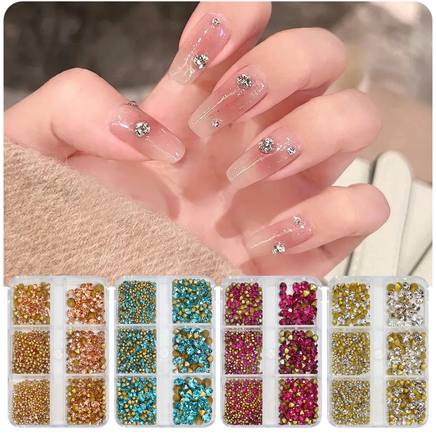 NRS031 6 grids/box pointed bottom colored glass rhinestones pink blue nail art rhinestone decoration