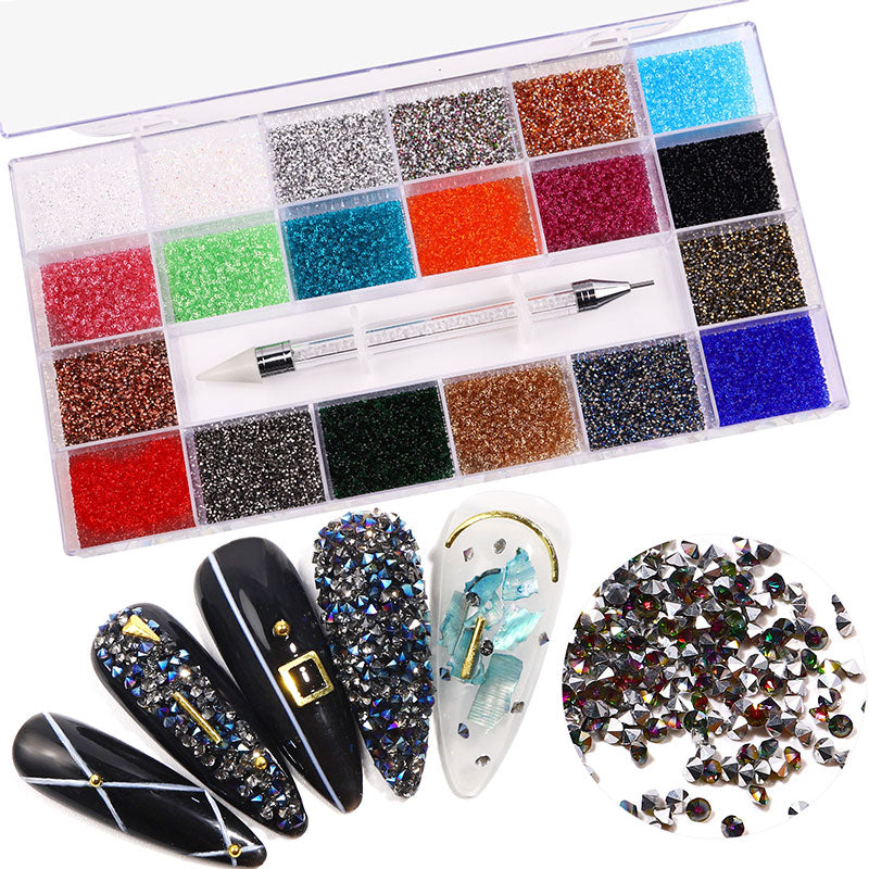 NRB018 21 Grids Mixed Color Micro Diamond Nail Art Flat Glass Round Shaped Rhinestone Box Nail Art Accessories DIY Set