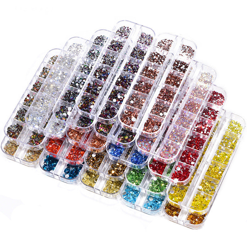NRS016 ForLife Hot sale style glass flat bottom rhinestone 12 grid set nail art rhinestone shiny crystal nail art accessories