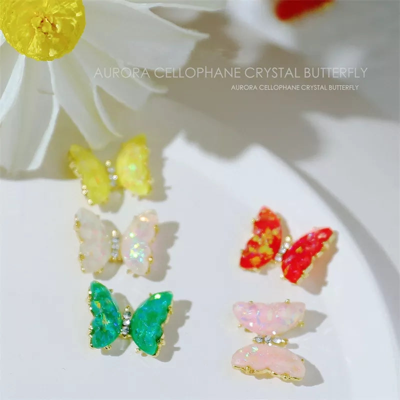 NZJ030 3D Crystal Butterfly Nail Art Charms Aurora Clear Glass Rhinestone AB Color Shiny Alloy