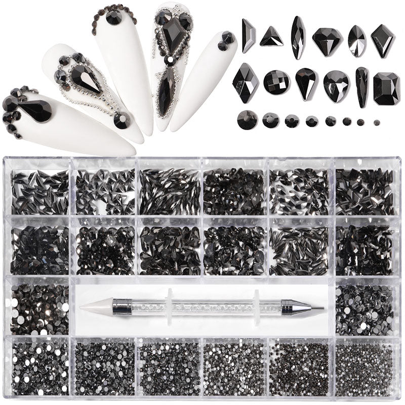 NRB008 Crystal black Nail Art Mix Shape Fancy Shaped In Box Flat Bottom Glass nail rhinestone art decoration black rhinestones