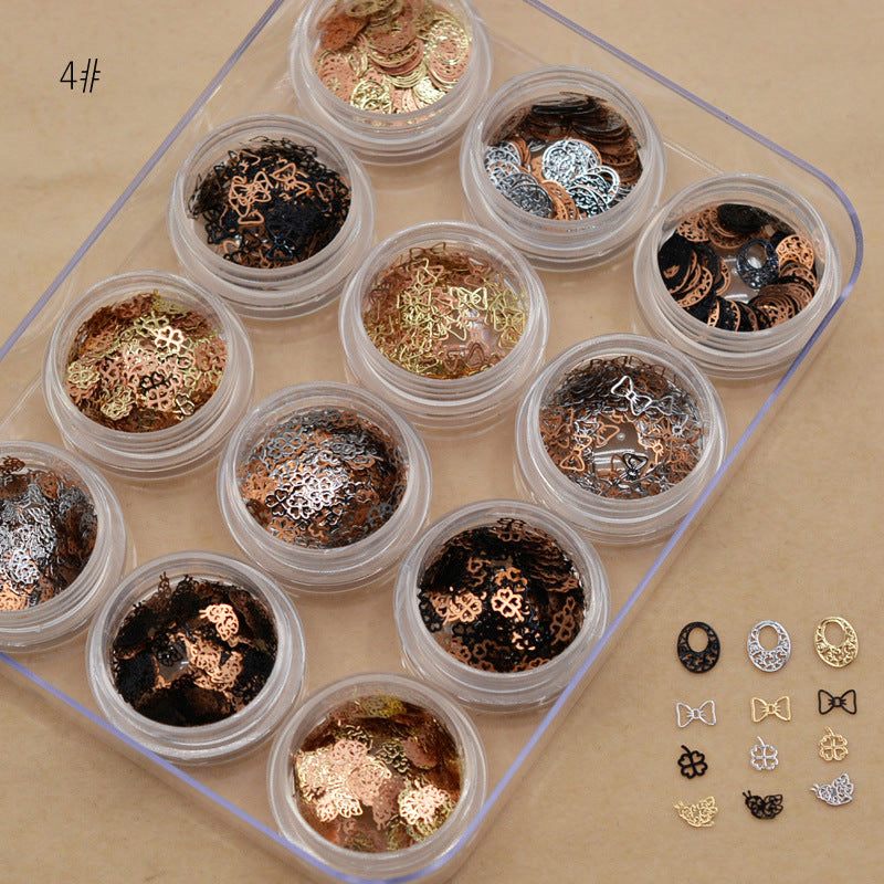 NRD012 1 box Gold Hollow Out Nail Glitter Sequins Mixed Flowers Star Designs Metal Thin Slice Paillette Polish Nails