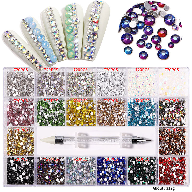 NRB018 21 Grids Mixed Color Micro Diamond Nail Art Flat Glass Round Shaped Rhinestone Box Nail Art Accessories DIY Set