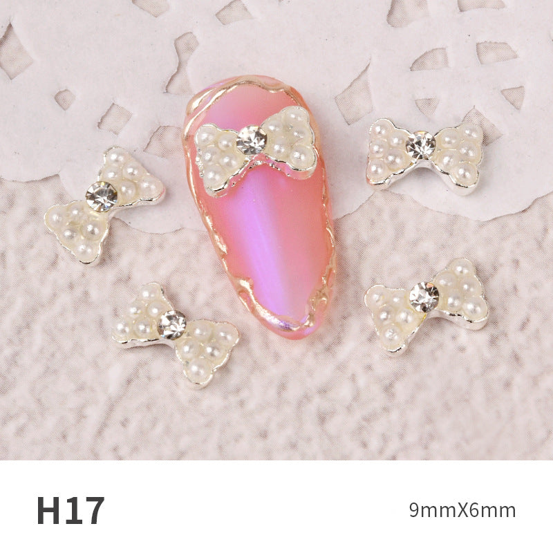 NZJ060 new Bowknot Nail Jewelry Shiny Japanese Alloy Rhinestone Nail Jewelry Pearl Diamond Jewelry