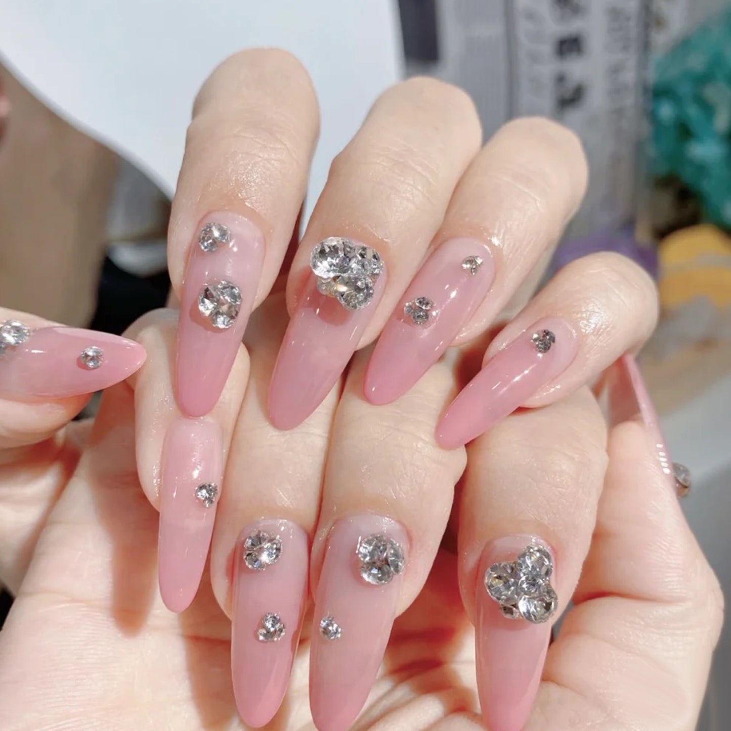 NRS031 6 grids/box pointed bottom colored glass rhinestones pink blue nail art rhinestone decoration