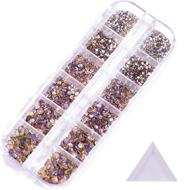 NRS016 ForLife Hot sale style glass flat bottom rhinestone 12 grid set nail art rhinestone shiny crystal nail art accessories