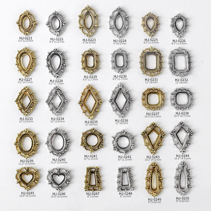 NZJ044 Gold Heart Rectangle Waterdrop Metal Frame with Rainbow Shell Nail Alloy Art Charms Deco Nail Stickers Decals Tools
