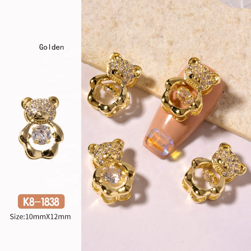 NZJ061 Nail Art Zircon Smart Bear Beating Heart Luxury Real Gold Color Preserving 3D Nail Jewelry Bear