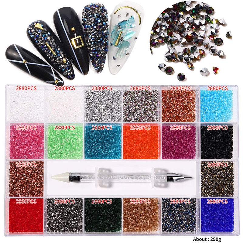 NRB018 21 Grids Mixed Color Micro Diamond Nail Art Flat Glass Round Shaped Rhinestone Box Nail Art Accessories DIY Set