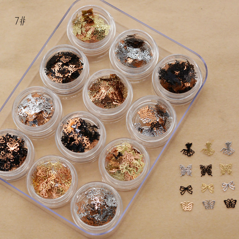 NRD012 1 box Gold Hollow Out Nail Glitter Sequins Mixed Flowers Star Designs Metal Thin Slice Paillette Polish Nails