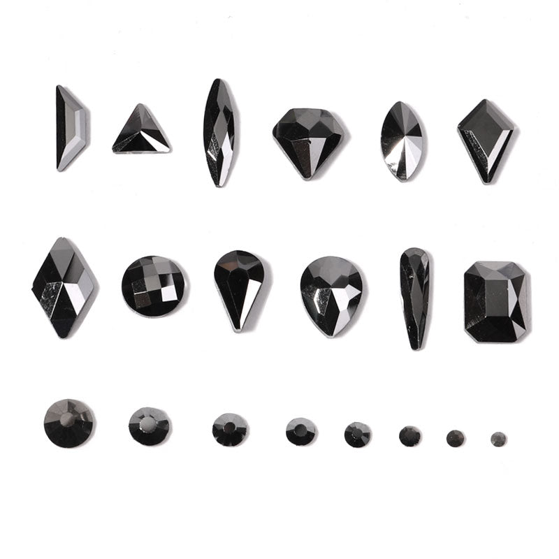 NRB008 Crystal black Nail Art Mix Shape Fancy Shaped In Box Flat Bottom Glass nail rhinestone art decoration black rhinestones