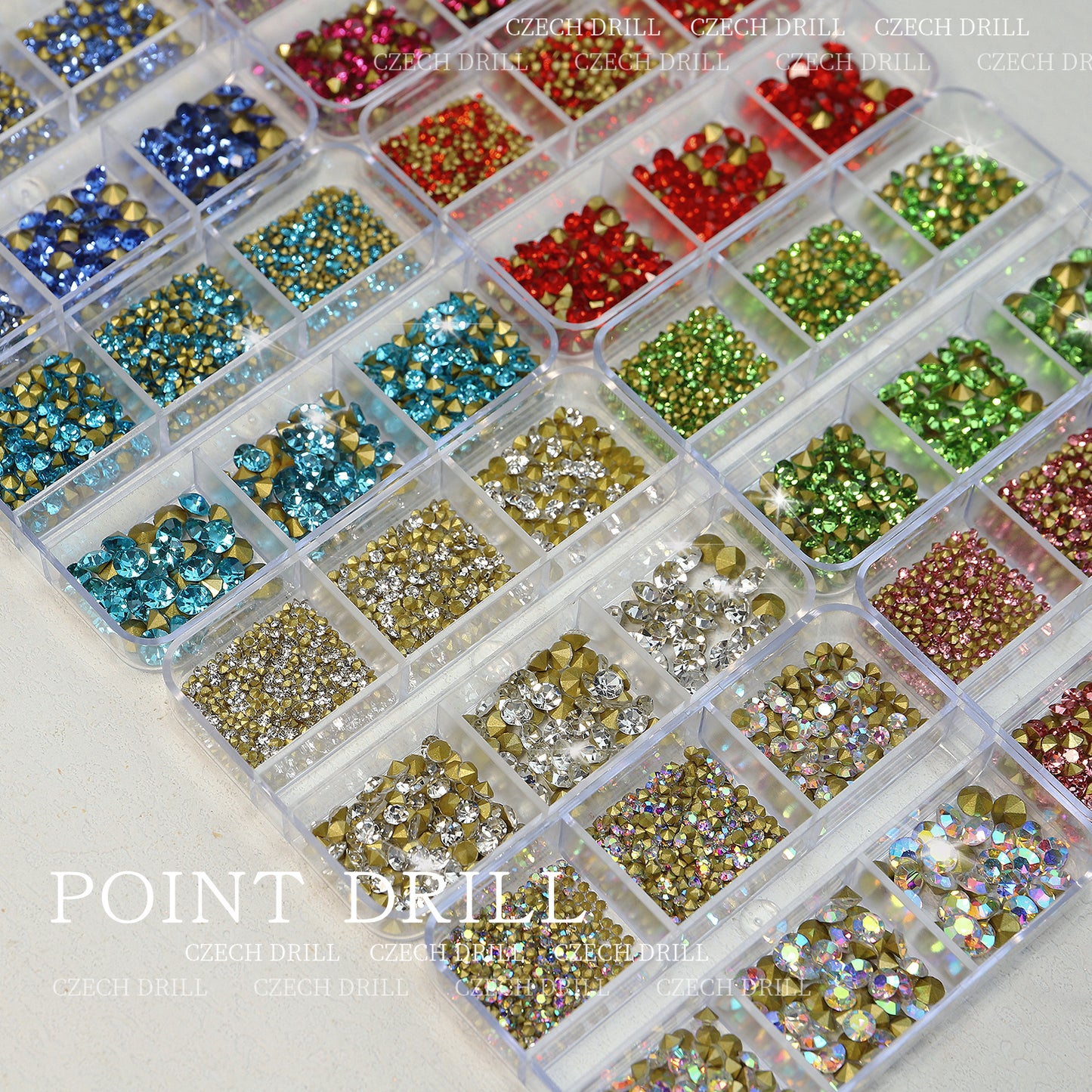 NRS031 6 grids/box pointed bottom colored glass rhinestones pink blue nail art rhinestone decoration