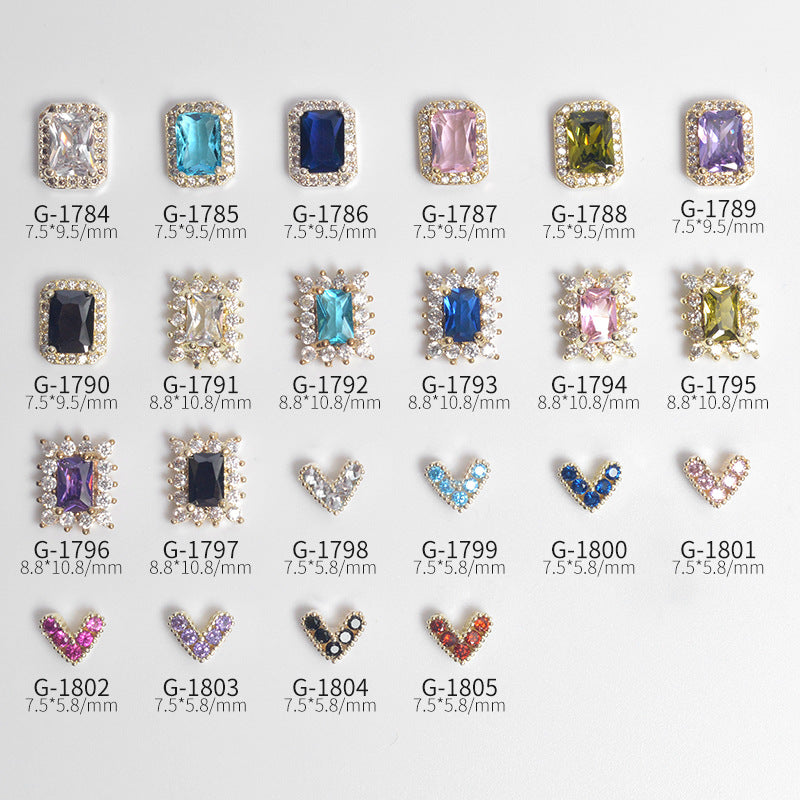 NZJ042 Colorful Zircon Gemstone Octagon Heart Diamond Alloy DIY Nail Art Charms for Nail Manicure Design