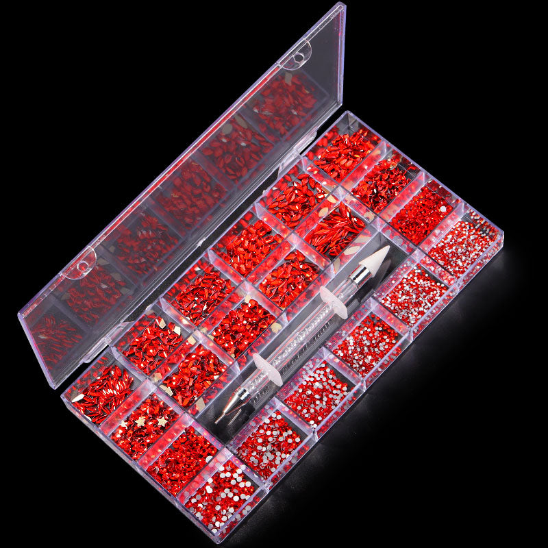 NRB013 Shiny Red Nail Art Shape Fancy Shaped In Box Flat Bottom Glass nail rhinestone art decoration rhinestones