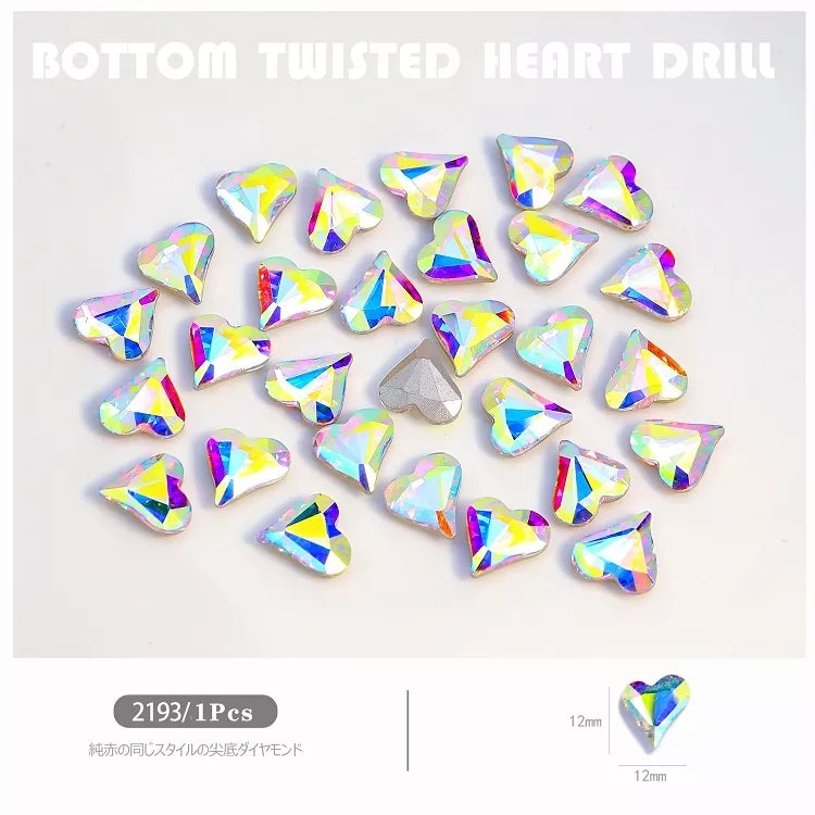 NZJ027 Large Nail Art Rhinestone Pointed Bottom Crooked Heart High Quality Glass Stone Fashion Fingernail DIY Decoration Accessories