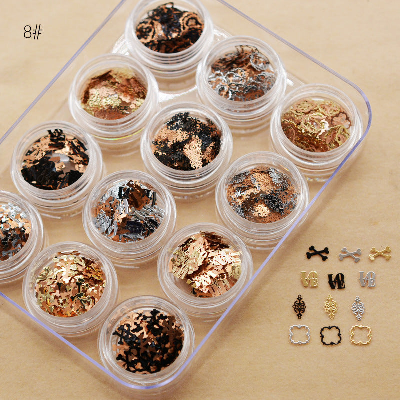 NRD012 1 box Gold Hollow Out Nail Glitter Sequins Mixed Flowers Star Designs Metal Thin Slice Paillette Polish Nails