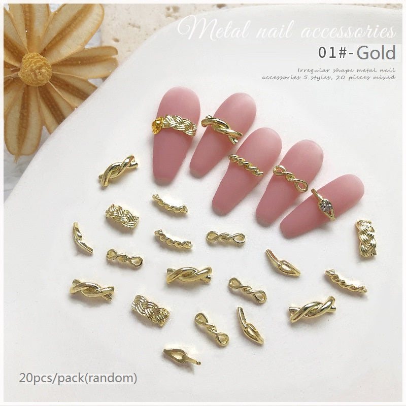 NZJ011 20Pcs/bag Braided Twist Rope Metal Nail Art Jewelry Hollow Rope Knot Zircon Jewelry Alloy Nail Art Decorations