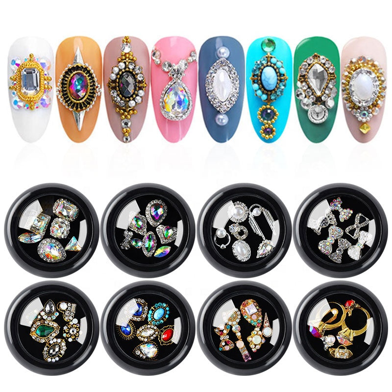 NZJ063 6 PCS Mixed Alloy Nail Art Decorations 3D Rhinestones Retro Flatback Shiny Diamonds Crystals Opal Beads Set