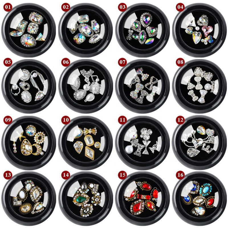 NZJ063 6 PCS Mixed Alloy Nail Art Decorations 3D Rhinestones Retro Flatback Shiny Diamonds Crystals Opal Beads Set