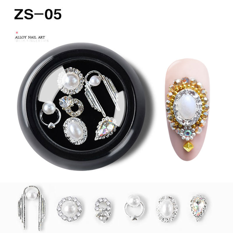 NZJ063 6 PCS Mixed Alloy Nail Art Decorations 3D Rhinestones Retro Flatback Shiny Diamonds Crystals Opal Beads Set