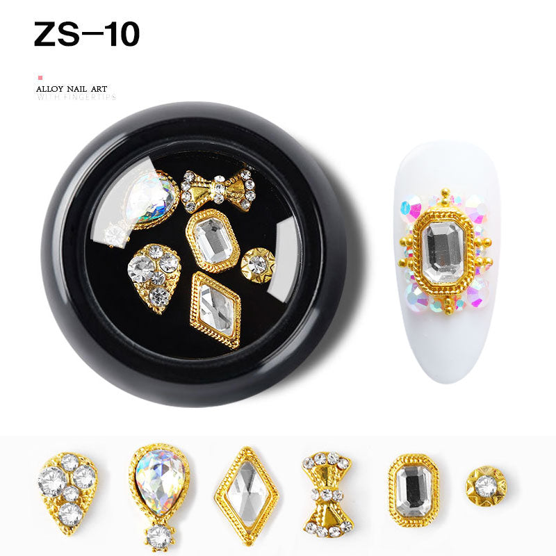 NZJ063 6 PCS Mixed Alloy Nail Art Decorations 3D Rhinestones Retro Flatback Shiny Diamonds Crystals Opal Beads Set