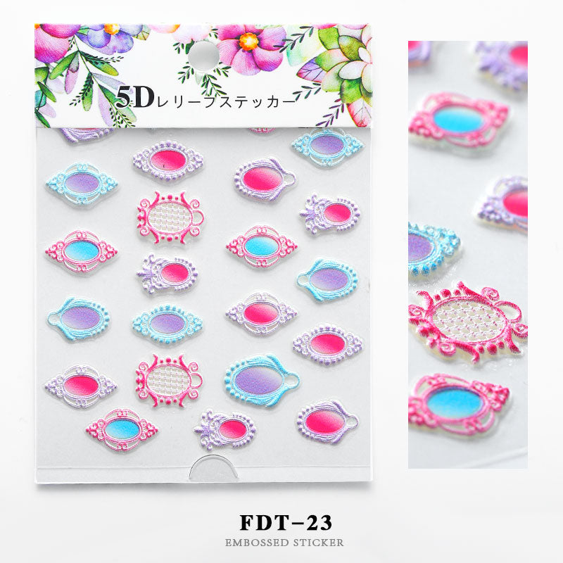 NS5D013 ForLife 5D Embossed Colorful White Flower Nail Sticker Summer Style Manicure Decals Decorations
