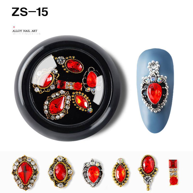 NZJ063 6 PCS Mixed Alloy Nail Art Decorations 3D Rhinestones Retro Flatback Shiny Diamonds Crystals Opal Beads Set