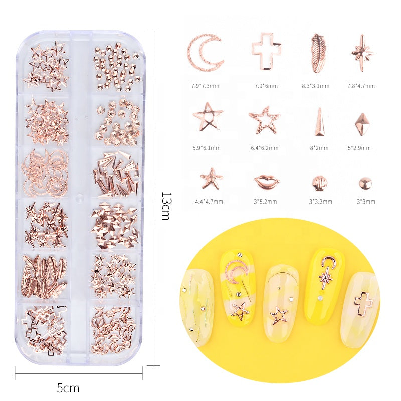 NDE032 ForLife New Hot 240pcs/box Rose Gold Metal Alloy 3d Nail Art Decoration Nail Art Sticker Accessories 4 Options