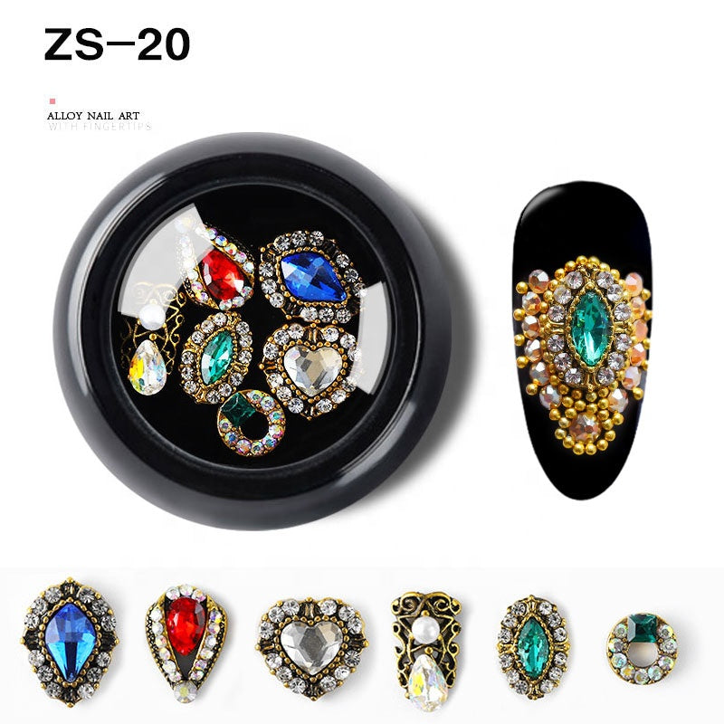 NZJ063 6 PCS Mixed Alloy Nail Art Decorations 3D Rhinestones Retro Flatback Shiny Diamonds Crystals Opal Beads Set