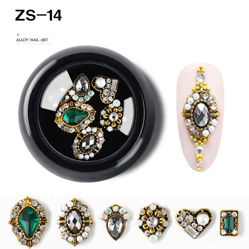 NZJ063 6 PCS Mixed Alloy Nail Art Decorations 3D Rhinestones Retro Flatback Shiny Diamonds Crystals Opal Beads Set