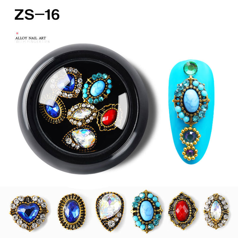 NZJ063 6 PCS Mixed Alloy Nail Art Decorations 3D Rhinestones Retro Flatback Shiny Diamonds Crystals Opal Beads Set