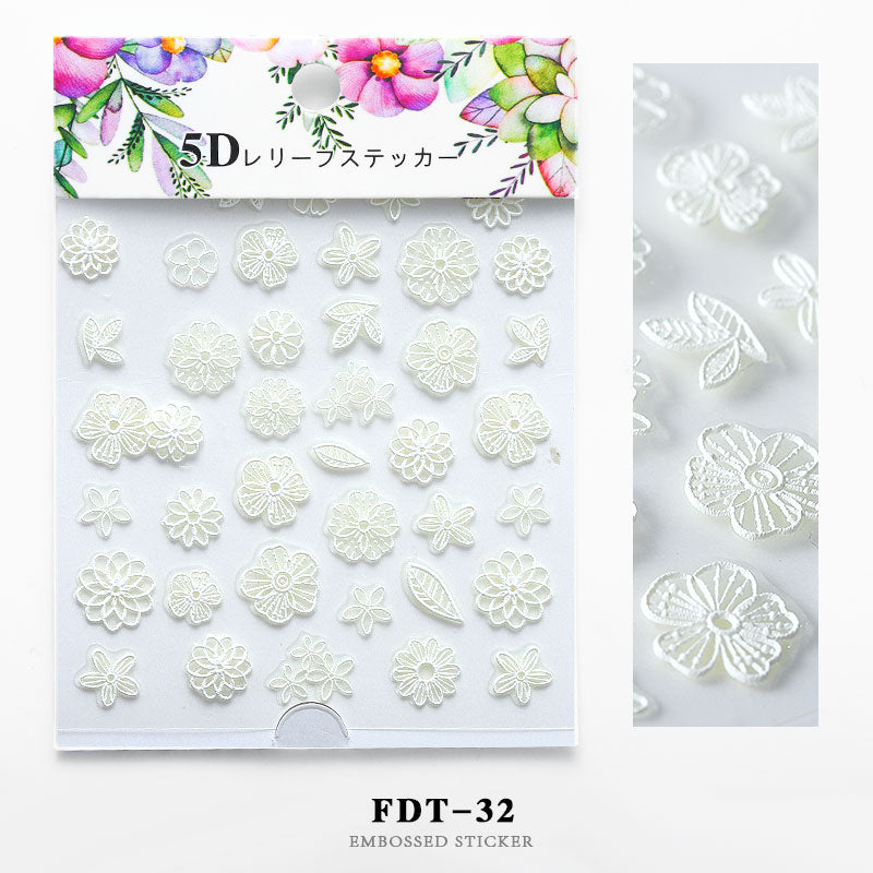 NS5D013 ForLife 5D Embossed Colorful White Flower Nail Sticker Summer Style Manicure Decals Decorations