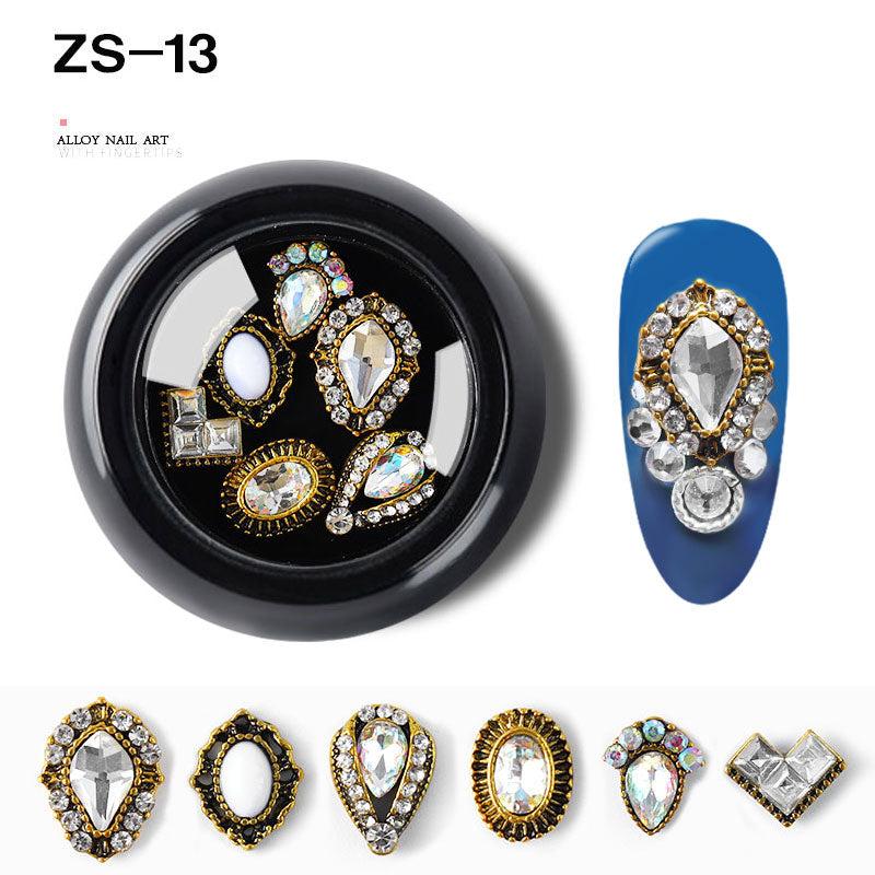 NZJ063 6 PCS Mixed Alloy Nail Art Decorations 3D Rhinestones Retro Flatback Shiny Diamonds Crystals Opal Beads Set
