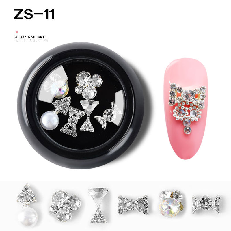 NZJ063 6 PCS Mixed Alloy Nail Art Decorations 3D Rhinestones Retro Flatback Shiny Diamonds Crystals Opal Beads Set