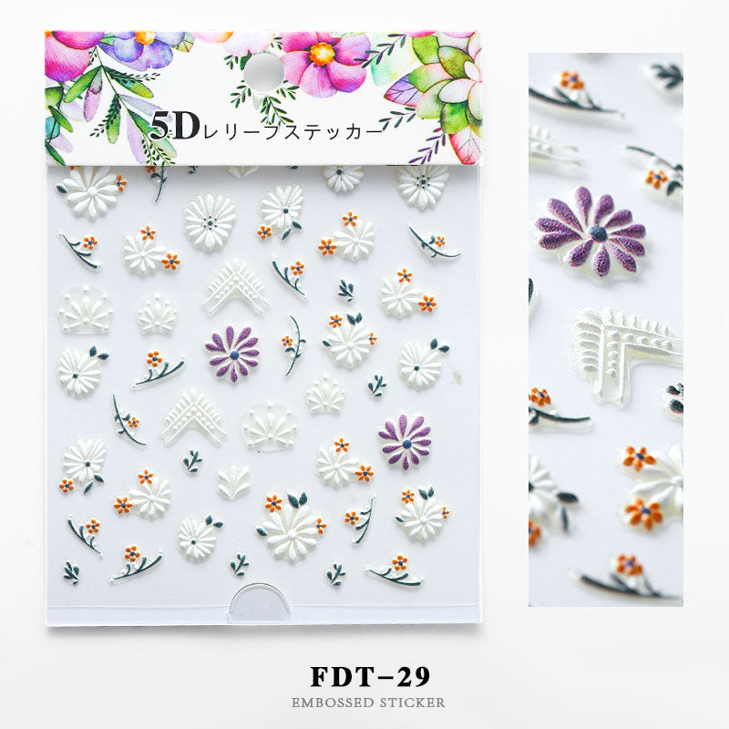 NS5D013 ForLife 5D Embossed Colorful White Flower Nail Sticker Summer Style Manicure Decals Decorations