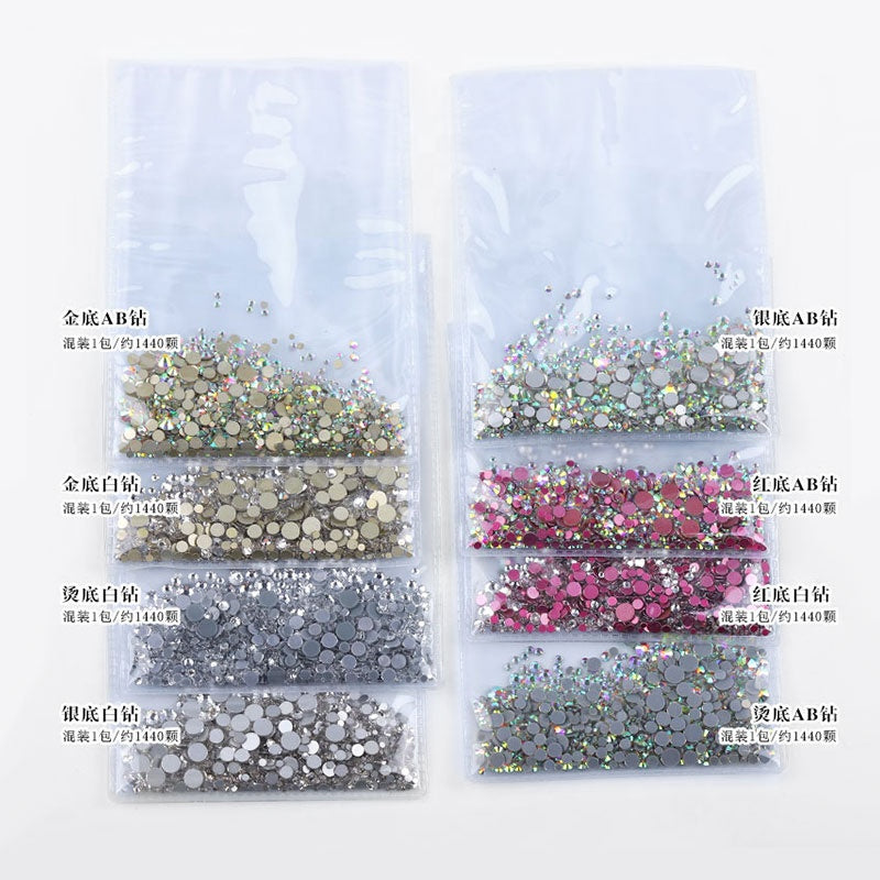 NRS005 ForLife New 8 Colors Muliti Size 1440 Pcs Mix Size AB Crystal Glass Rhinestones Nail Non Hotfix Flatbacks Nail Decorations