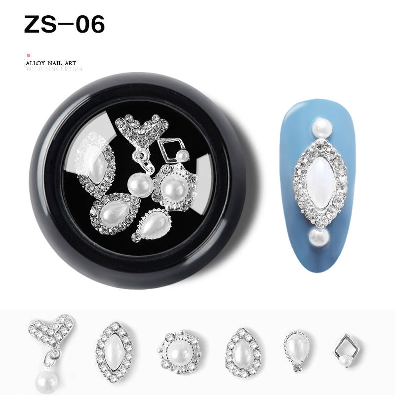 NZJ063 6 PCS Mixed Alloy Nail Art Decorations 3D Rhinestones Retro Flatback Shiny Diamonds Crystals Opal Beads Set