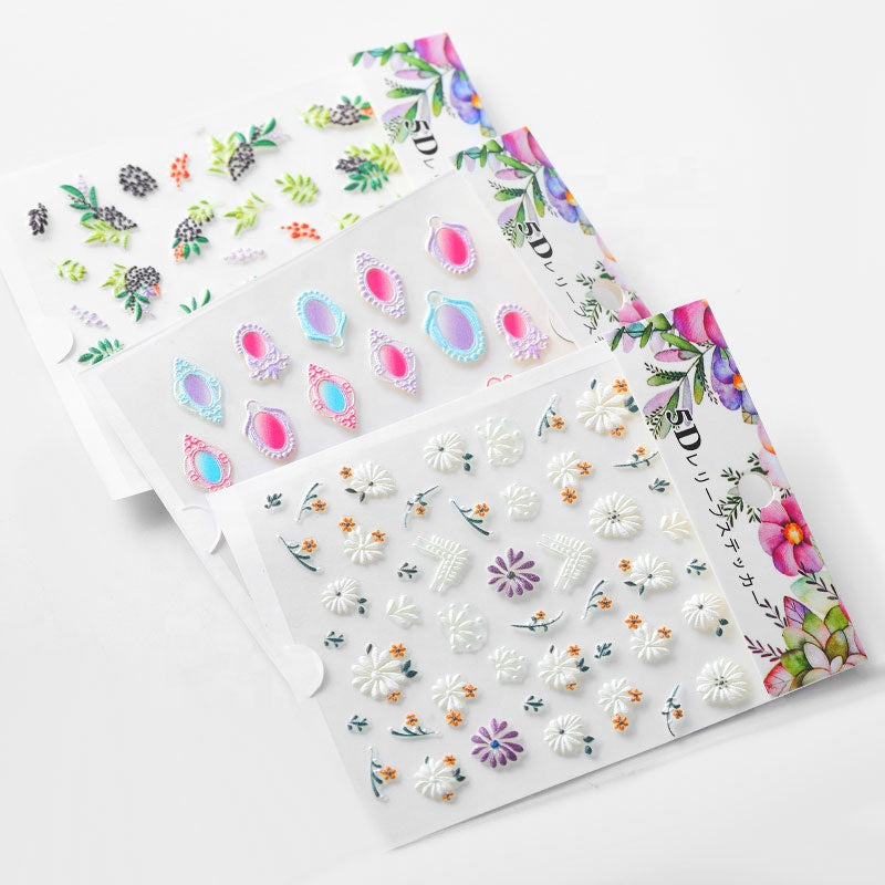 NS5D013 ForLife 5D Embossed Colorful White Flower Nail Sticker Summer Style Manicure Decals Decorations