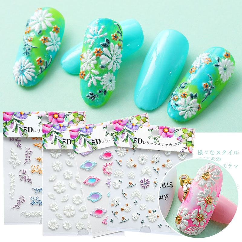 NS5D013 ForLife 5D Embossed Colorful White Flower Nail Sticker Summer Style Manicure Decals Decorations