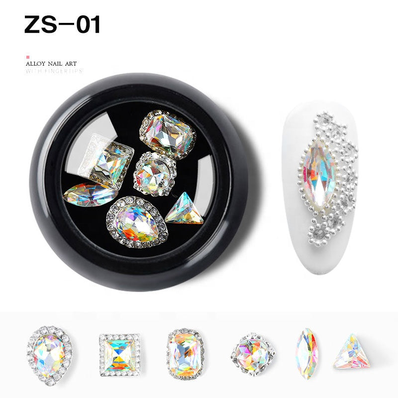NZJ063 6 PCS Mixed Alloy Nail Art Decorations 3D Rhinestones Retro Flatback Shiny Diamonds Crystals Opal Beads Set