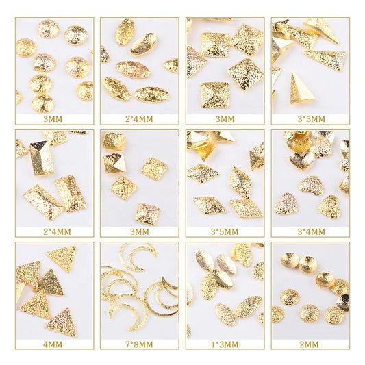 NAW032 1 Box 3D Metal Square Triangle Shaped Gold Matte Nail Art Rhinestone Studs WheelNail Decoration Accessories