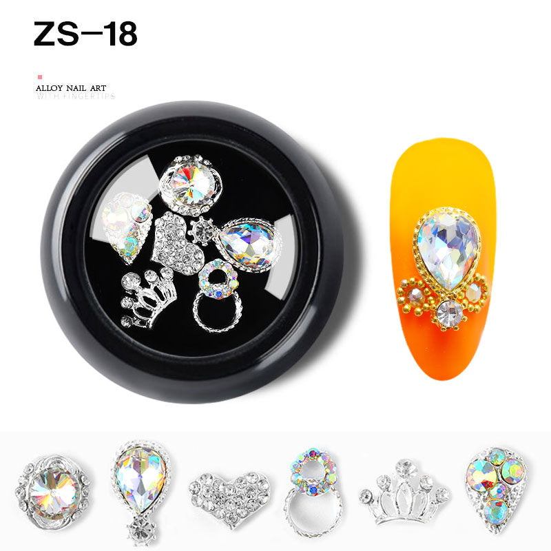 NZJ063 6 PCS Mixed Alloy Nail Art Decorations 3D Rhinestones Retro Flatback Shiny Diamonds Crystals Opal Beads Set