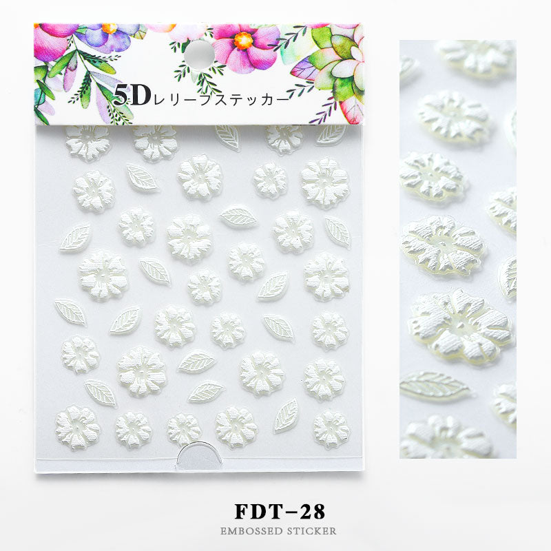 NS5D013 ForLife 5D Embossed Colorful White Flower Nail Sticker Summer Style Manicure Decals Decorations
