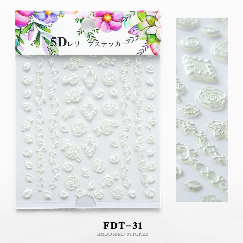 NS5D013 ForLife 5D Embossed Colorful White Flower Nail Sticker Summer Style Manicure Decals Decorations