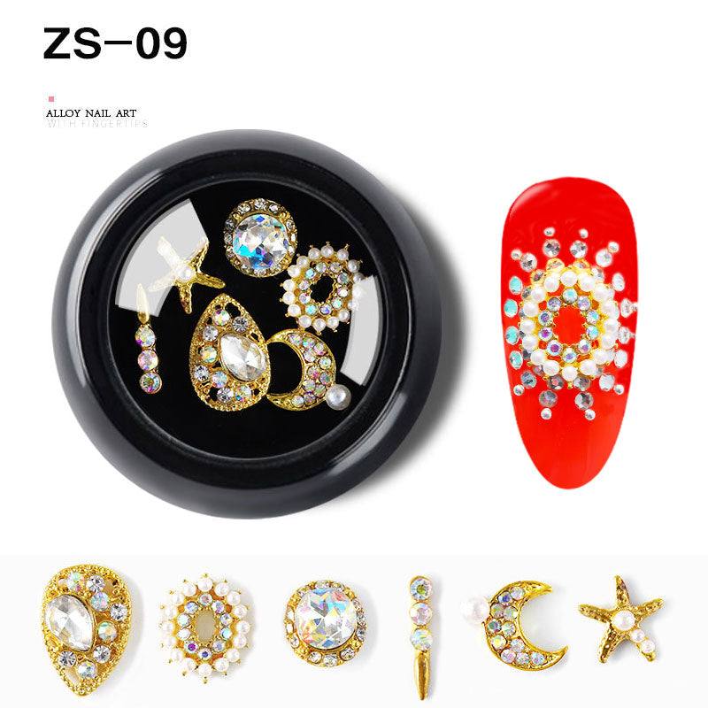 NZJ063 6 PCS Mixed Alloy Nail Art Decorations 3D Rhinestones Retro Flatback Shiny Diamonds Crystals Opal Beads Set