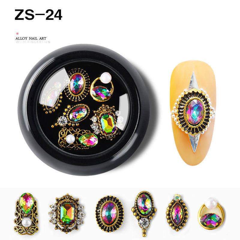 NZJ063 6 PCS Mixed Alloy Nail Art Decorations 3D Rhinestones Retro Flatback Shiny Diamonds Crystals Opal Beads Set