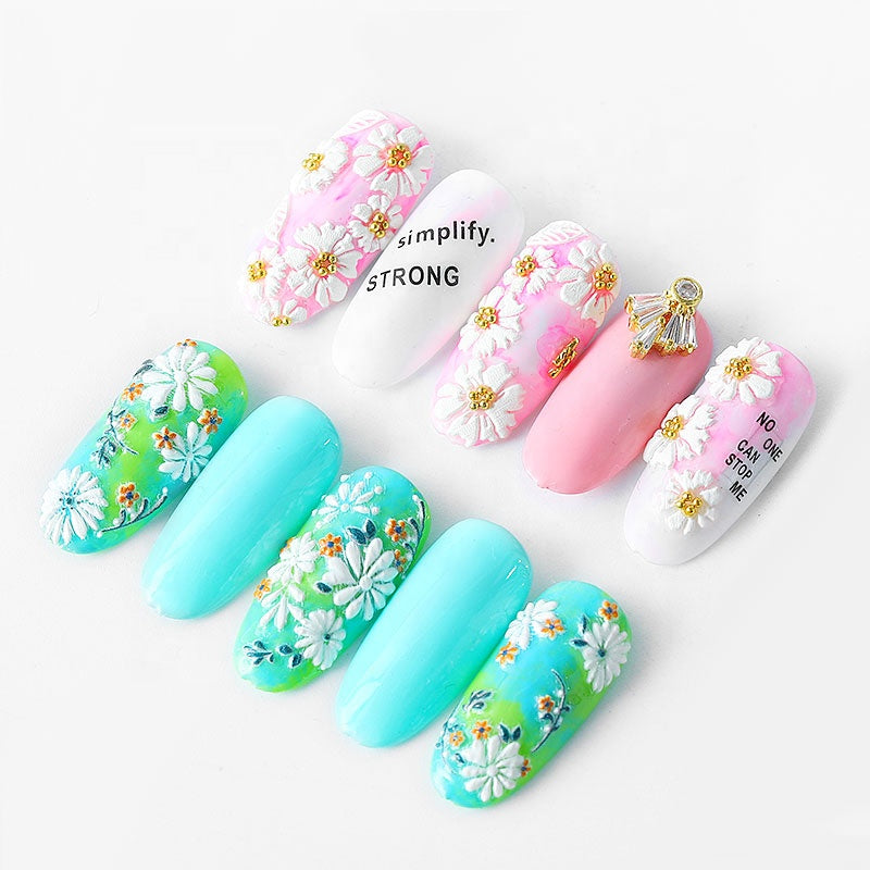 NS5D013 ForLife 5D Embossed Colorful White Flower Nail Sticker Summer Style Manicure Decals Decorations
