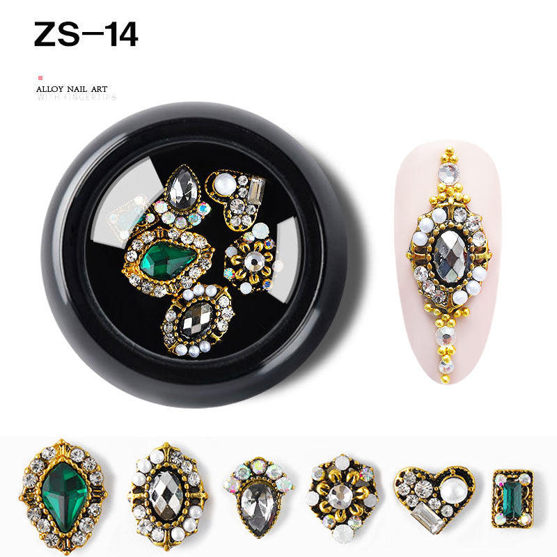 NZJ063 6 PCS Mixed Alloy Nail Art Decorations 3D Rhinestones Retro Flatback Shiny Diamonds Crystals Opal Beads Set
