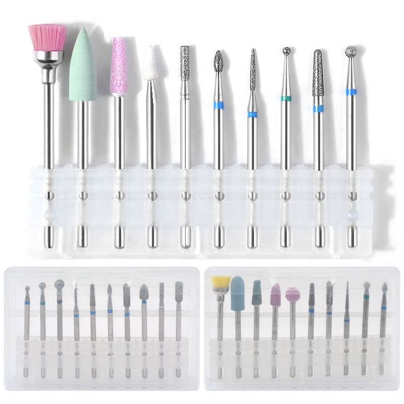 NDB003 10pcs Diamond Rotate Burr Nail Drill Bits Set Silicone Polishing Accessories Manicure Electric Machine Cutters Tool