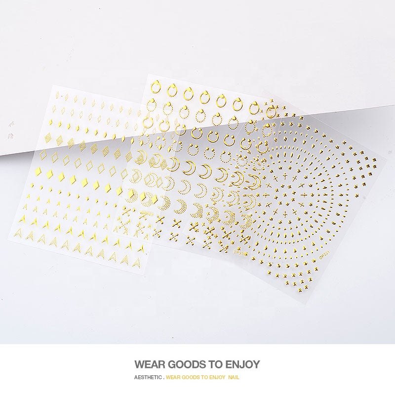 NS5D015  ForLife 1 Sheet Metallic Nail Art Stickers Mixed Geometric Patterns 3d Gold Hollow Adhesive Sticker Decoration